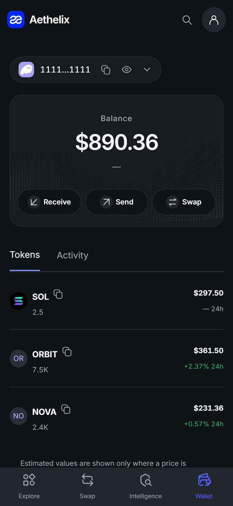 Aethelix mobile wallet and token balances