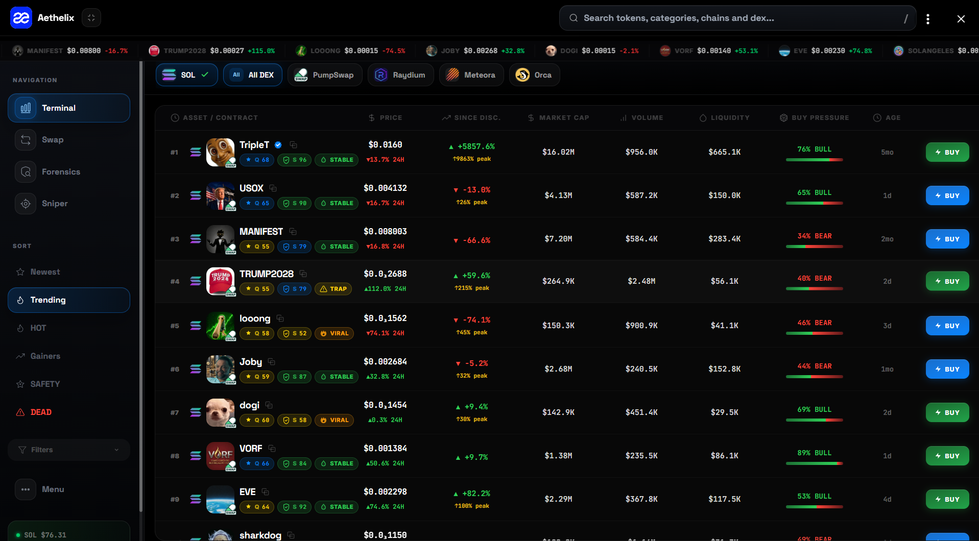 Aethelix desktop terminal showing a live Solana token discovery feed